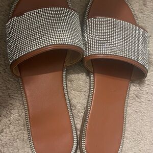 SHEIN Tan Slide Mules with Silver Rhinestone Straps